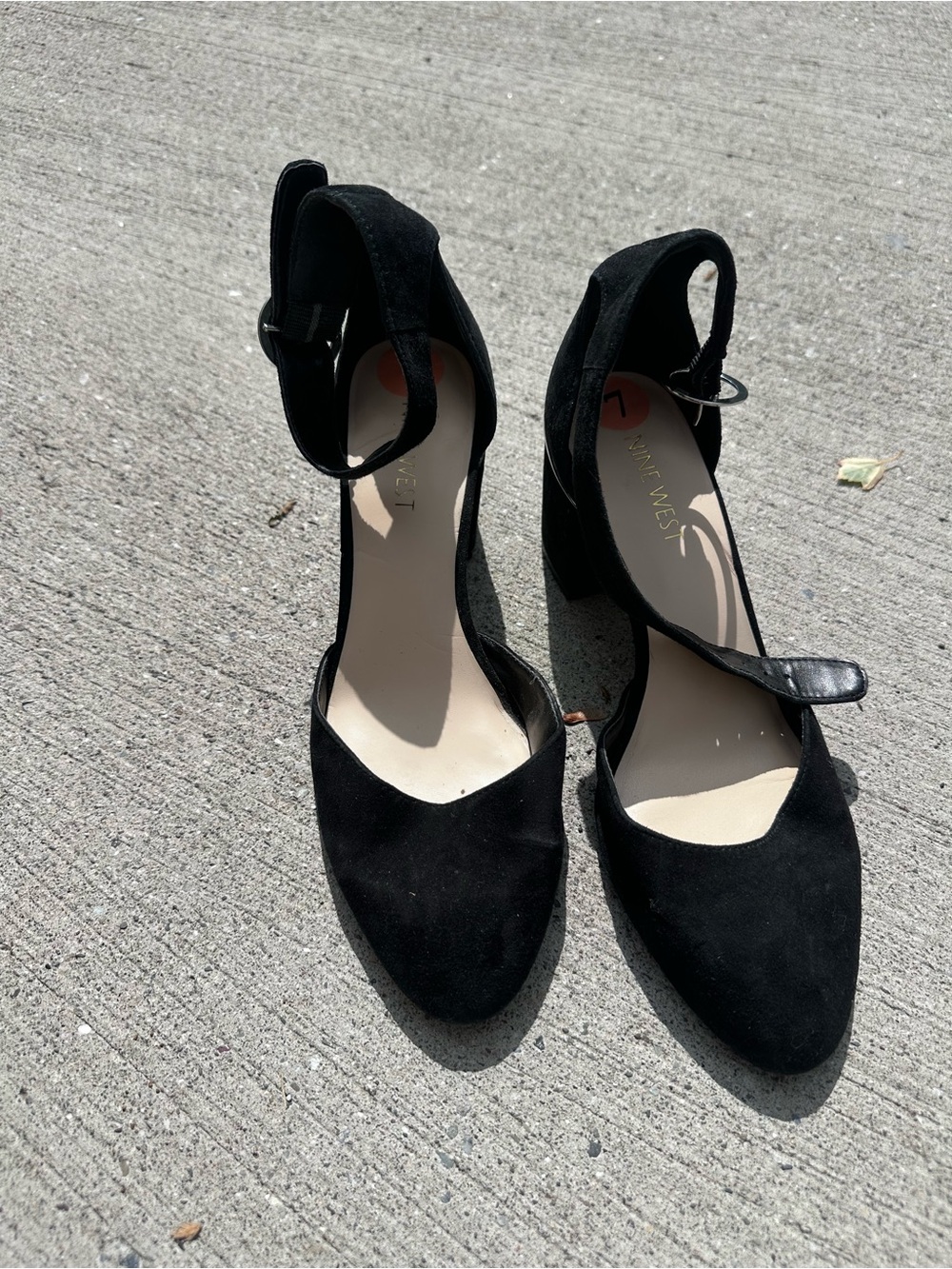 Nine West Black Suede Ankle-Strap Mid Block Heels